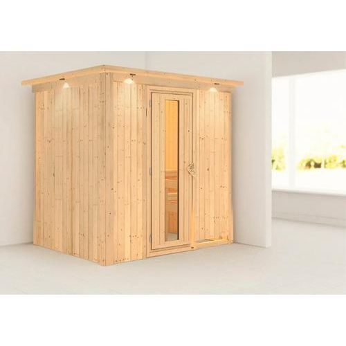 Plug & Play Sauna Karibu Wanja ohne Ofen mit Dachkranz und Holztüre mit Isolierglas wärmegedämmt