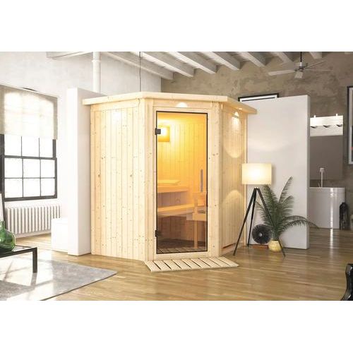 Plug & Play Sauna Karibu Achat III ohne Ofen mit Dachkranz und Ganzglastüre aus Klarglas