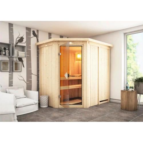 Plug & Play Sauna Karibu Laja ohne Ofen mit Dachkranz und bronzierter Ganzglastüre