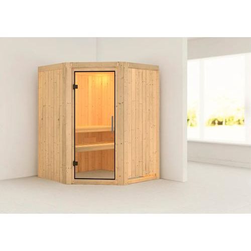 Plug & Play Sauna Karibu Kanja ohne Ofen ohne Dachkranz mit Ganzglastüre aus Klarglas