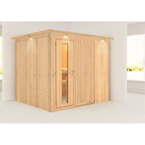 Elementsauna Karibu Gobina ohne Ofen mit Dachkranz und Holztüre mit Isolierglas wärmegedämmt