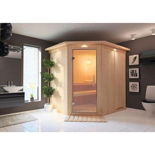 Plug & Play Sauna Karibu Achat VII ohne Ofen mit Dachkranz und Ganzglastüre aus Klarglas