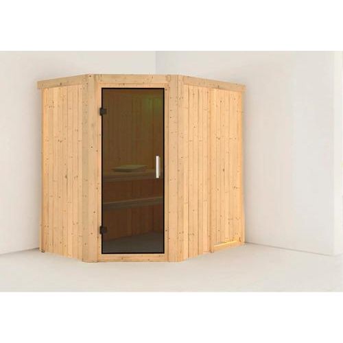 Plug & Play Sauna Karibu Laja ohne Ofen ohne Dachkranz mit graphitfarbiger Ganzglastüre