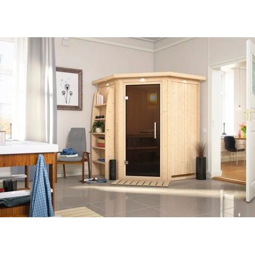 Plug & Play Sauna Karibu Achat II ohne Ofen mit Dachkranz und graphitfarbiger Ganzglastüre