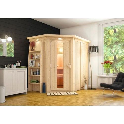 Plug & Play Sauna Karibu Achat IV ohne Ofen mit Dachkranz und Holztüre mit Isolierglas wärmegedämmt