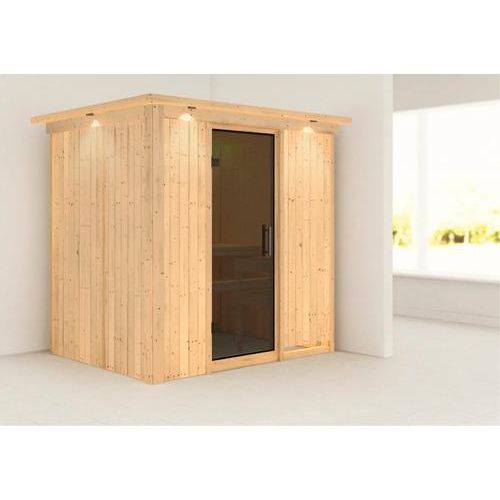 Plug & Play Sauna Karibu Wanja ohne Ofen mit Dachkranz und graphitfarbeneer Ganzglastüre