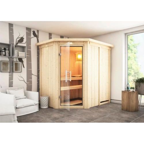 Plug & Play Sauna Karibu Laja ohne Ofen mit Dachkranz und Ganzglastüre aus Klarglas