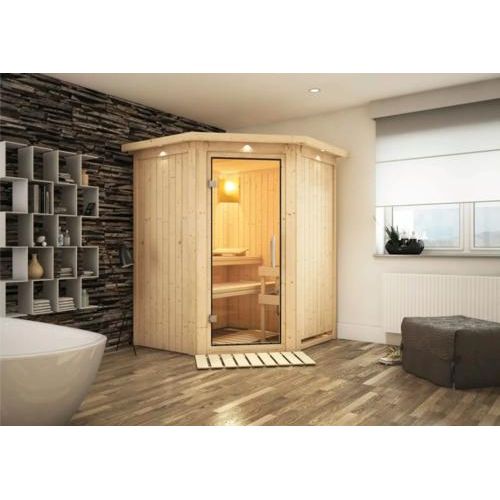 Plug & Play Sauna Karibu Achat II ohne Ofen mit Dachkranz und Ganzglastüre aus Klarglas