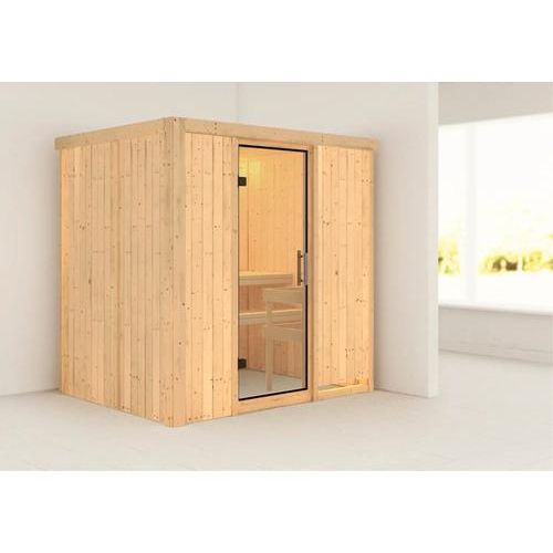 Plug & Play Sauna Karibu Wanja ohne Ofen und Dachkranz mit Ganzglastüre aus Klarglas