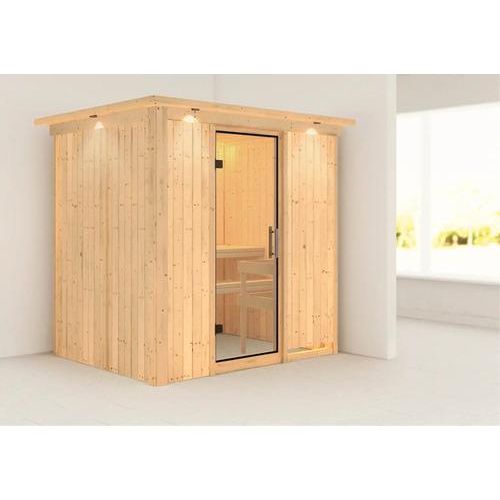 Plug & Play Sauna Karibu Wanja ohne Ofen mit Dachkranz und Ganzglastüre aus Klarglas