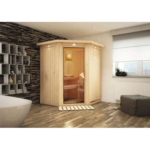Plug & Play Sauna Karibu Achat II ohne Ofen mit Dachkranz und bronzierter Ganzglastüre