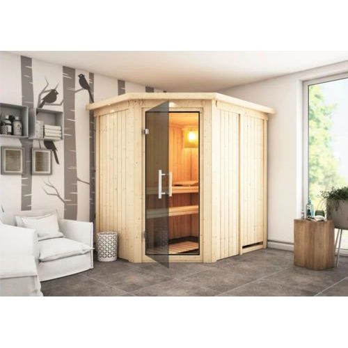 Plug & Play Sauna Karibu Laja ohne Ofen mit Dachkranz und graphitfarbiger Ganzglastüre