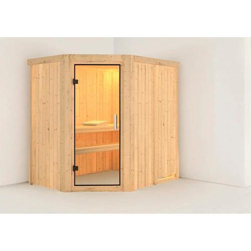 Plug & Play Sauna Karibu Laja ohne Ofen ohne Dachkranz mit Ganzglastüre aus Klarglas