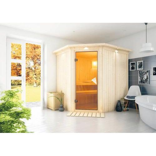 Plug & Play Sauna Karibu Achat VII ohne Ofen mit Dachkranz und bronzierter Ganzglastüre