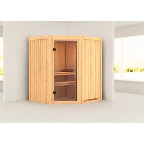 Plug & Play Sauna Karibu Monja ohne Ofen ohne Dachkranz mit Ganzglastüre aus Klarglas