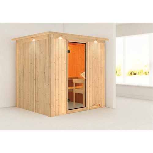 Plug & Play Sauna Karibu Achat VIII ohne Ofen mit Dachkranz und bronzierter Ganzglastüre