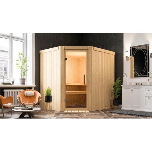 Plug & Play Sauna Karibu Silja ohne Ofen ohne Dachkranz mit Ganzglastüre aus Klarglas
