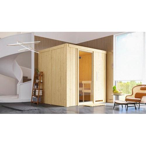 Plug & Play Sauna Karibu Maria ohne Ofen ohne Dachkranz mit Ganzglastüre aus Klarglas