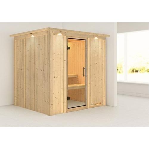 Plug & Play Sauna Karibu Achat VIII ohne Ofen mit Dachkranz und Ganzglastüre aus Klarglas