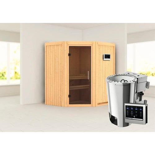 Plug & Play Sauna Karibu Monja inkl. 3,6 kWOfen u.ext.Steuerung ohne Dachkranz mit graphitfarbeneer Ganzglastüre
