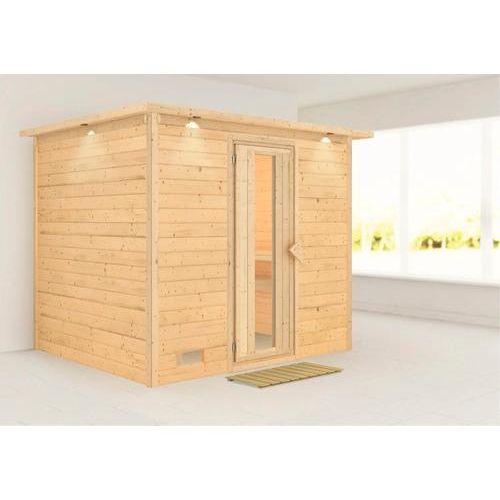Massivholzsauna Karibu Coral ohne Ofen mit Dachkranz und Holztüre mit Isolierglas wärmegedämmt