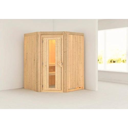 Plug & Play Sauna Karibu Kanja ohne Ofen und Dachkranz mit Holztüre und Isolierglas wärmegedämmt