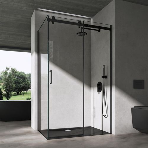 doporro Duschkabine Eckdusche 75x100x195cm Duschabtrennung schwarz 8mm ESG-Sicherheitsglas Klarglas Schiebetür Soft-Close inkl.NANO Ravenna19 Image
