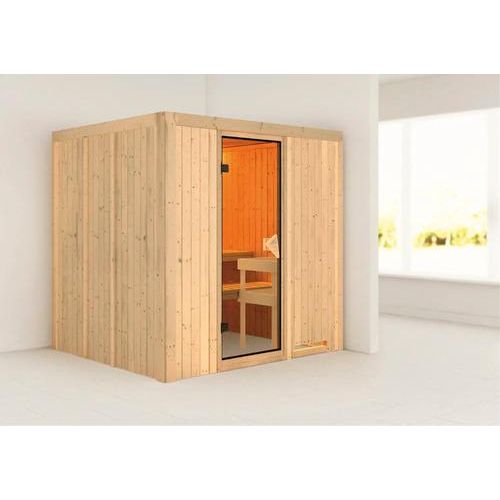 Plug & Play Sauna Karibu Maria ohne Ofen und Dachkranz mit bronzierter Ganzglastüre