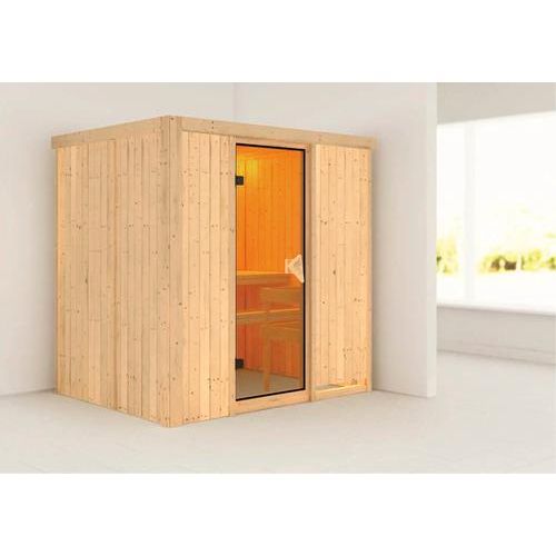 Plug & Play Sauna Karibu Wanja ohne Ofen und Dachkranz mit bronzierter Ganzglastüre