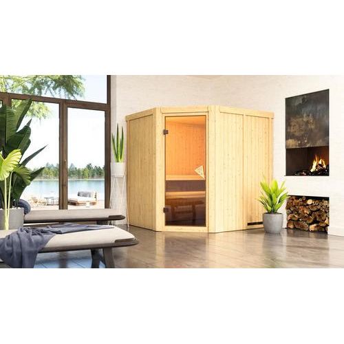 Plug & Play Sauna Karibu Silja ohne Ofen und Dachkranz mit bronzierter Ganzglastüre