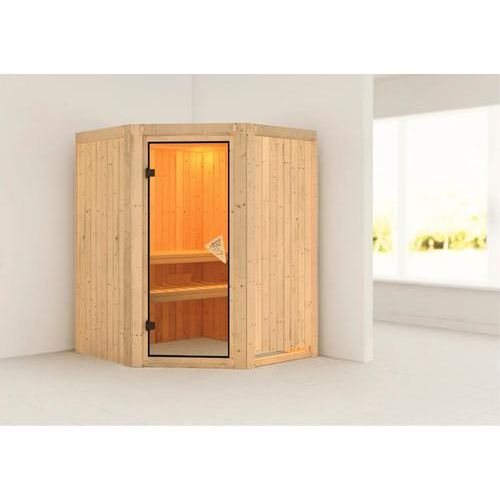 Plug & Play Sauna Karibu Kanja ohne Ofen und Dachkranz mit bronzierter Ganzglastüre