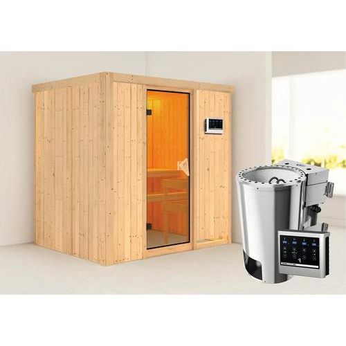 Plug & Play Sauna Karibu Wanja inkl. 3,6 kWOfen u.ext.Steuerung ohne Dachkranz mit bronzierter Ganzglastüre