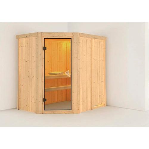 Plug & Play Sauna Karibu Laja ohne Ofen und Dachkranz mit bronzierter Ganzglastüre