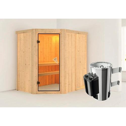 Plug & Play Sauna Karibu Laja inkl. 3,6 kW Ofen u.integr.Steuerung ohne Dachkranz mit bronzierter Ganzglastüre