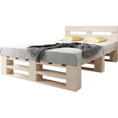 sunnypillow Palettenbett M2 aus Holz 160 x 200 cm mit Kopfteil und 2 Bettkästen
