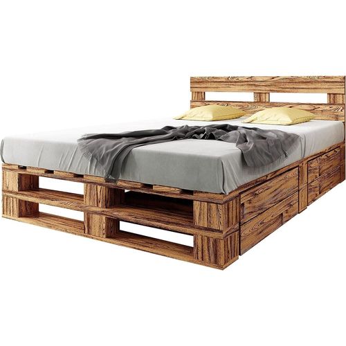 sunnypillow Palettenbett M2 aus Holz 180 x 200 cm mit Kopfteil und 2 Bettkästen