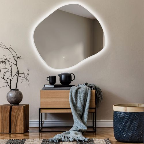 Unregelmäßiger asymmetrischer Spiegel mit LED Beleuchtung 94x84 cm - mit LED Beleuchtung - LED Farbe Kaltweiß 7000K - Individuell Nach Maß - Beleuchtet Wandspiegel Lichtspiegel Badezimmerspiegel - Sensor Schalter - ROM221 Image