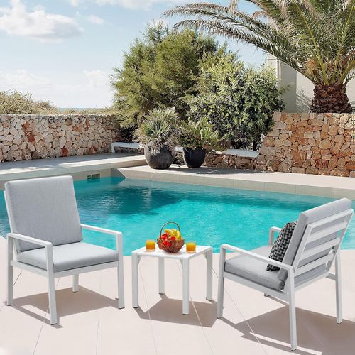 MeXo Gartenmöbel-Sets Essgruppe mit dicke Kissen & Teetisch für 2 Personen, Outdoor Indoor, Balkon/Garten/Terrasse (Sitzgruppe, Aluminiumrahmen)
