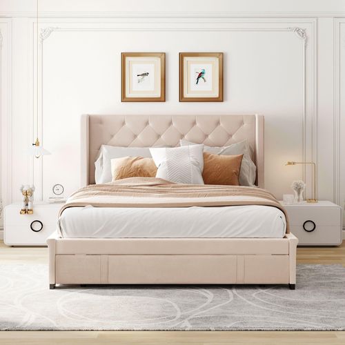 Beige 140x200cm Polsterbett (Ohne Matratze) Doppelbett mit Lattenrost, Rückenlehne und großen Schubladen, Pro-Leinen-Stoff ugenddoppelbett