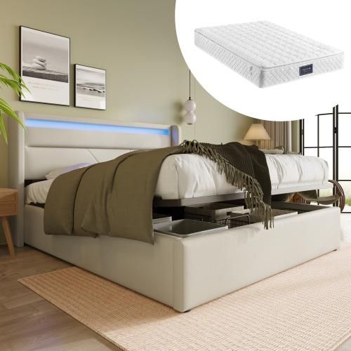 Weiß 140x200cm Polsterbett Hydraulisch Stauraumbett (Mit Matratze) mit LED-Beleuchtungsleiste Doppelbett Bettgestell Funktionsbett