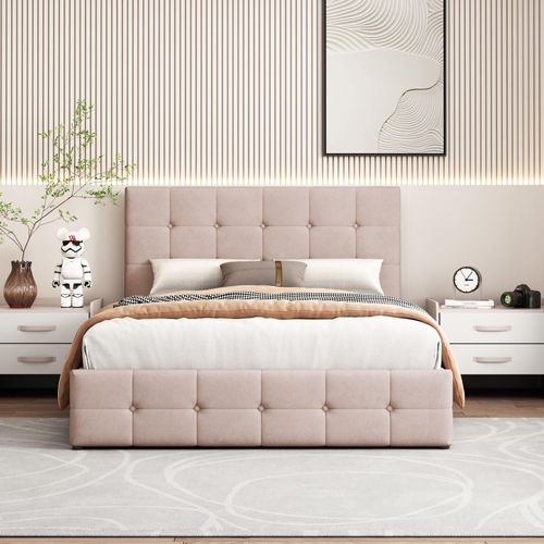 Beige 140x200cm Polsterbett (Ohne Matratze) Samtstoff Doppelbett Hydraulisch Stauraumbett, höhenverstellbares Polsterkopfteil, Metalllattenrost