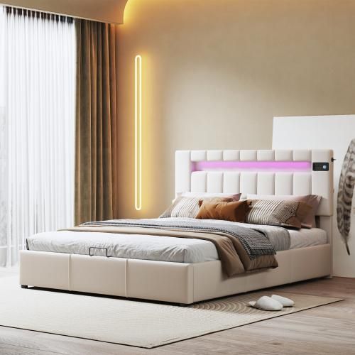 Beige 140x200cm hydraulischer Polsterbett (Ohne Matratze) Samtstoff mit LED-Lichtleiste, Bluetooth-Player und USB-Aufladung Stauraumbett Jugendbett