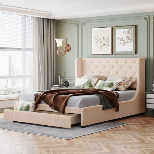 Polsterbett Beige 140x200cm (Ohne Matratze) Doppelbett mit Lattenrost, Rückenlehne und großen Schubladen, Pro-Leinen-Stoff ugenddoppelbett