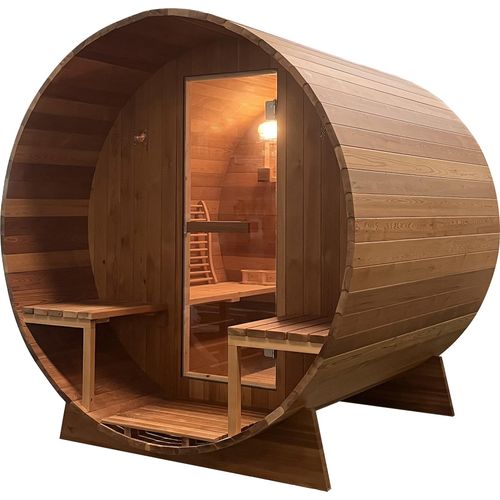 Outdoor Fasssauna BERGEN - 180 x 180 x 188 cm - Mit Saunaofen, Sicherheitsglas, Saunazubehör