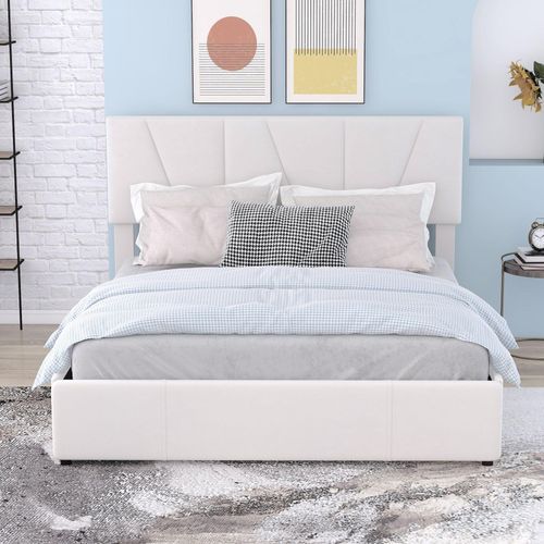 Weiß 140x200cm Doppelbett (Ohne Matratze) Polsterbett Plattform Bett mit vier Schubladen auf zwei Seiten Verstellbares Kopfteil Jugendbett