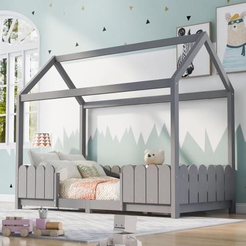 okwish Kinderbett Holzhaus Bett Bodenbett Bettgestell 90x200 Hausbett Baumhausbett Bettenhaus aus Holz Grau