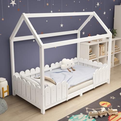 okwish Kinderbett Holzhaus Bett Bodenbett Bettgestell 90x200 Hausbett Baumhausbett Bettenhaus aus Holz Weiß