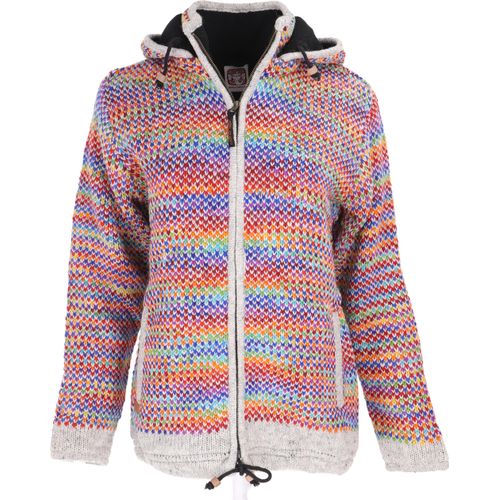 Kuschelige Gefütterte Strickjacke, Gestreifte Damen Wolljacke, Nepaljacke - Modell 33, Mehrfarbig, Wolle, Größe: L