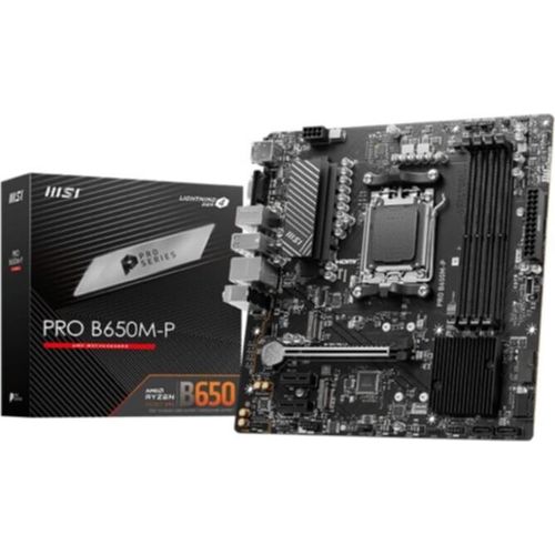 MSI | PRO B650M-P | AMD-Prozessorfamilie | Prozessorsockel AM5 | DDR5 | Speichersteckplätze 4 | Unterstützte HDD-Schnittstellen SATA, M.2 | Anzahl der SATA-Anschlüsse 4 | AMD B650-Chipsatz | mATX