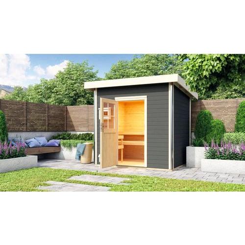 Saunahaus Karibu Opal 4 ohne Ofen mit Holztüre und Klarglas terragrau/weiß